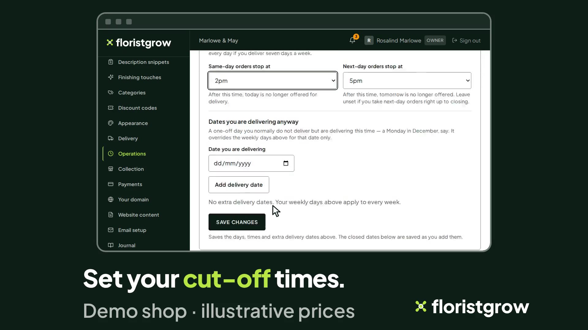 The Operations page in the portal with the same-day cut-off time being set to 2pm.