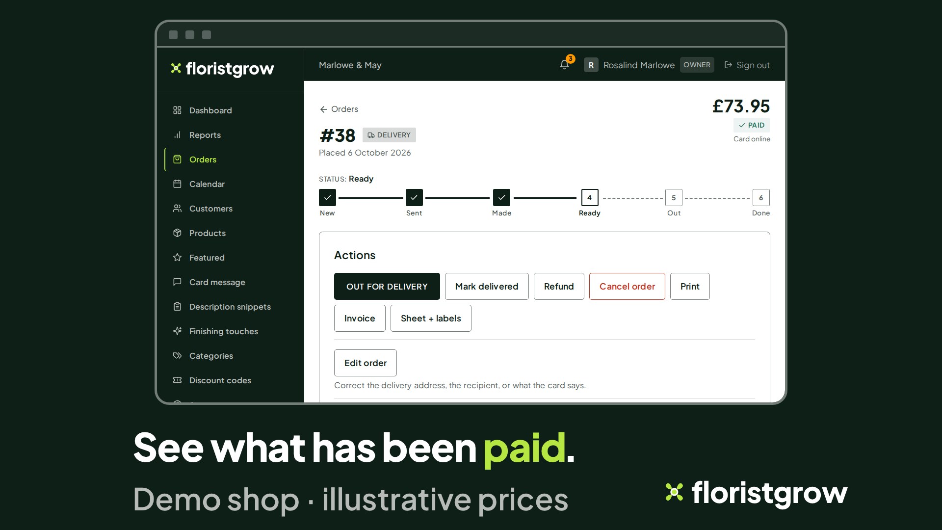 An order page in the portal marked Paid, card online, with its status steps and the actions available.