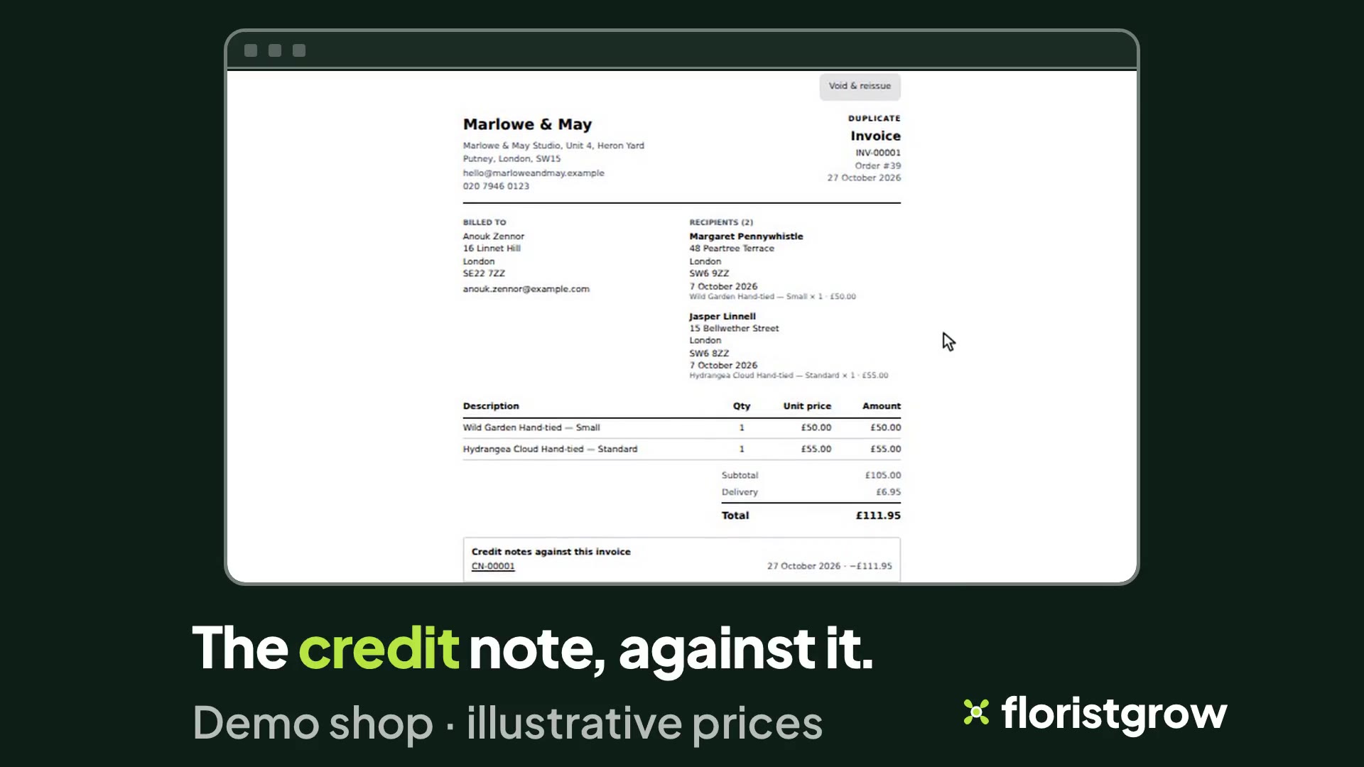 An issued invoice for Marlowe & May, number INV-00001, marked Duplicate, with its billing and recipient details, line items and total, and a box beneath the total listing the credit note CN-00001.