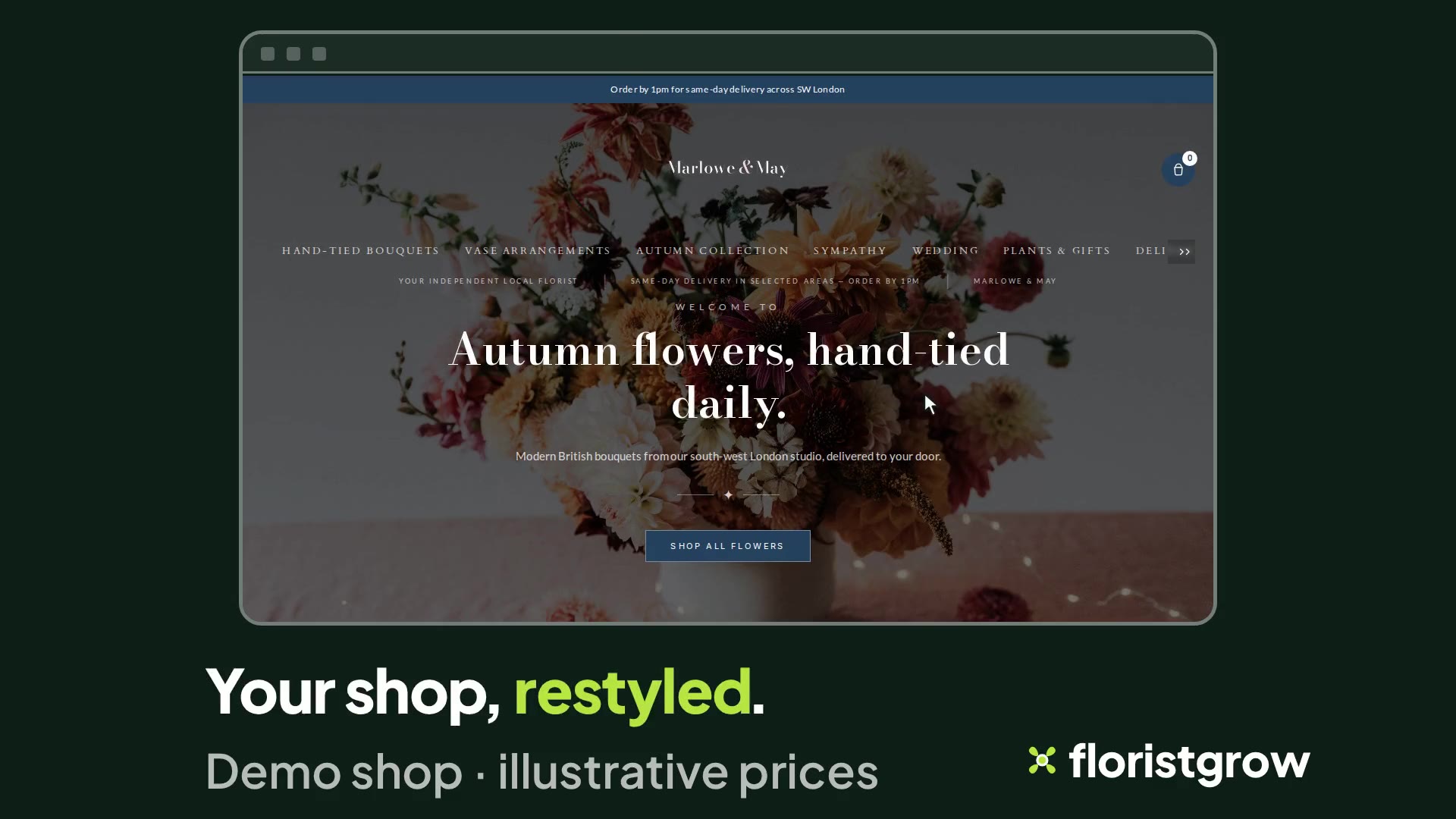 The demo shop Marlowe & May after its colours and headline were changed in the portal and published: a blue banner and the headline Autumn flowers, hand-tied daily.
