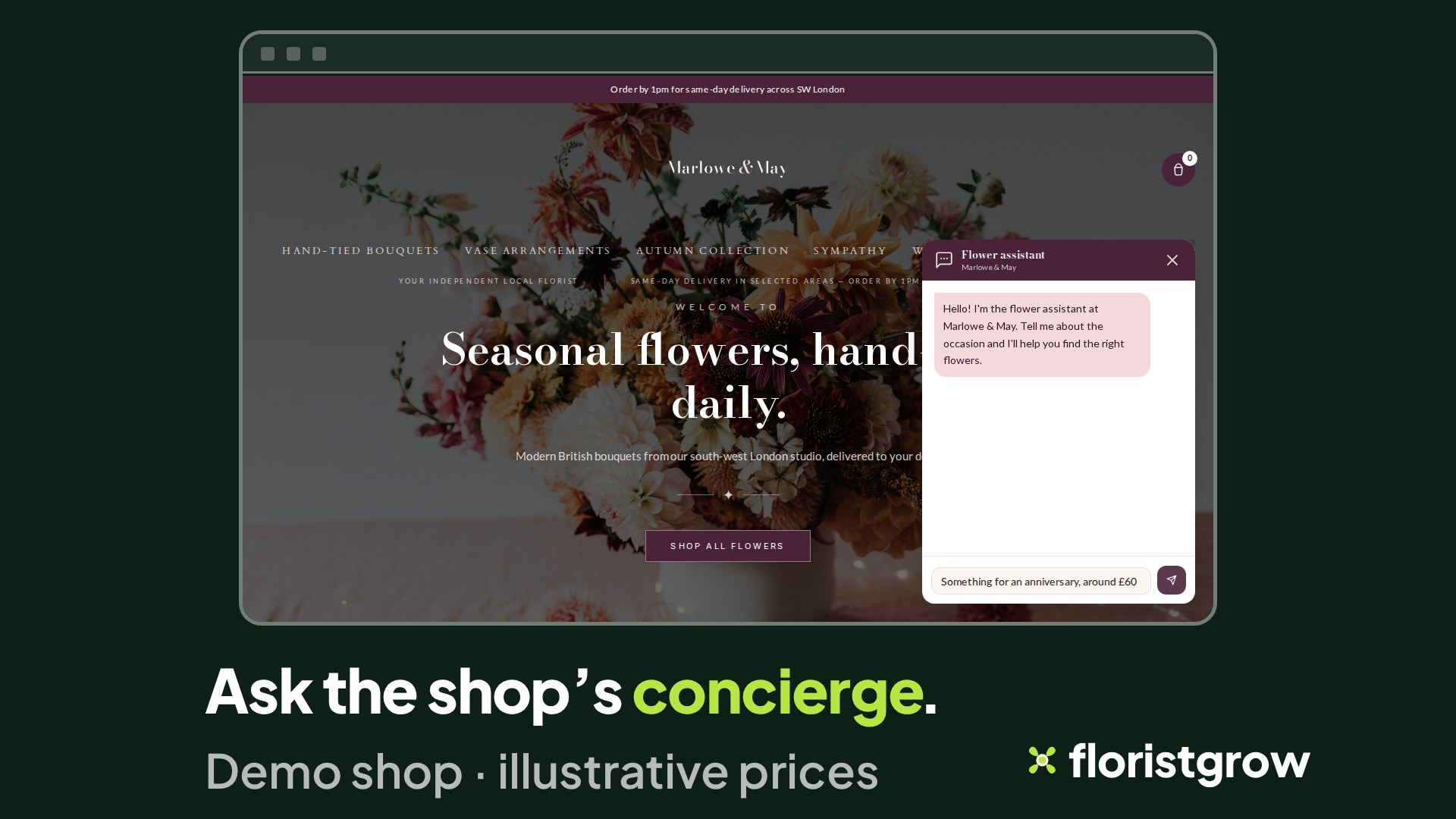 The demo shop Marlowe & May with the concierge chat open, headed Flower assistant, greeting the shopper, and a question typed in.